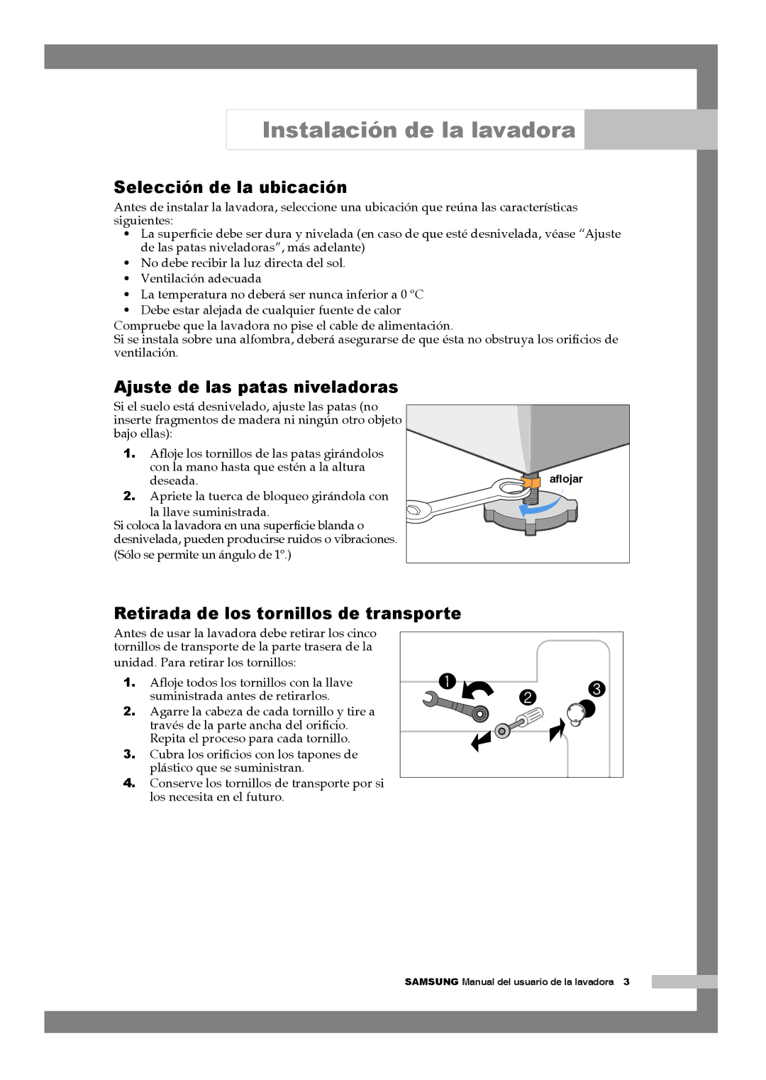 Samsung Q1244ATGW/XEC Selección de la ubicación, Ajuste de las patas niveladoras, Retirada de los tornillos de transporte 