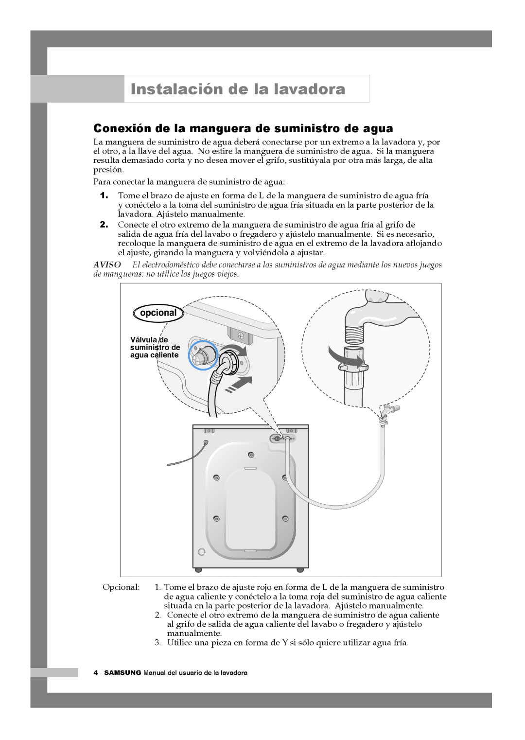 Samsung Q1244ATGW/XEC manual Conexión de la manguera de suministro de agua, Opcional 