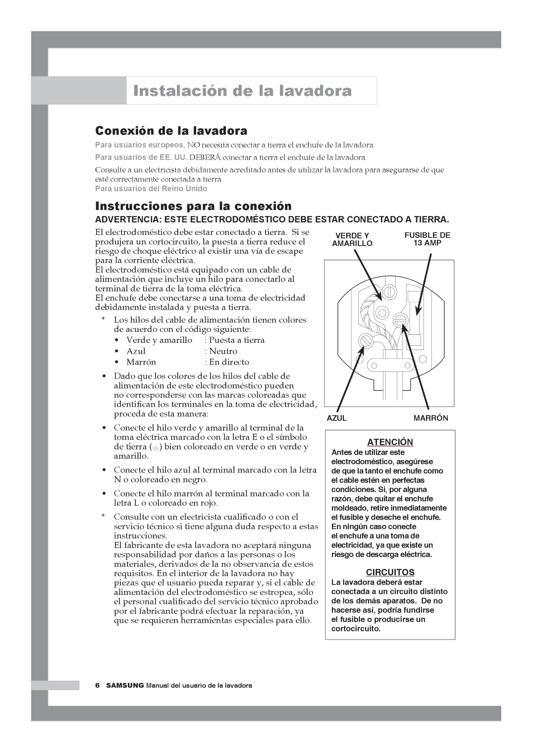 Samsung Q1244ATGW/XEC manual Conexión de la lavadora, Instrucciones para la conexión 