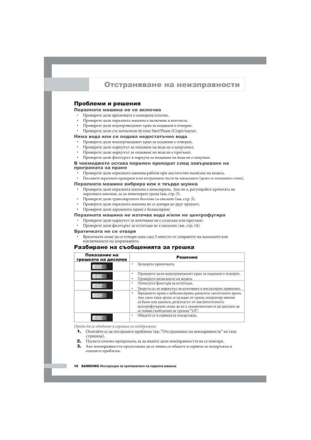 Samsung Q1244AVGW/YLE manual Отстраняване на неизправности, Проблеми и решения, Разбиране на съобщенията за грешка 