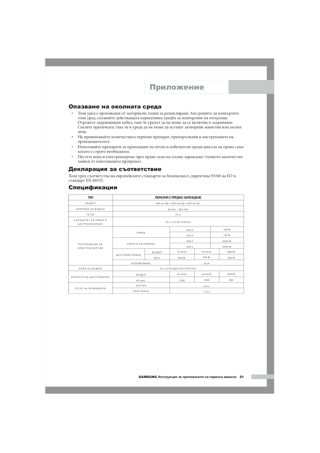 Samsung Q1044AVGW1/YLE, Q1244AVGW/YLE manual Опазване на околната среда, Декларация за съответствие, Спецификации 