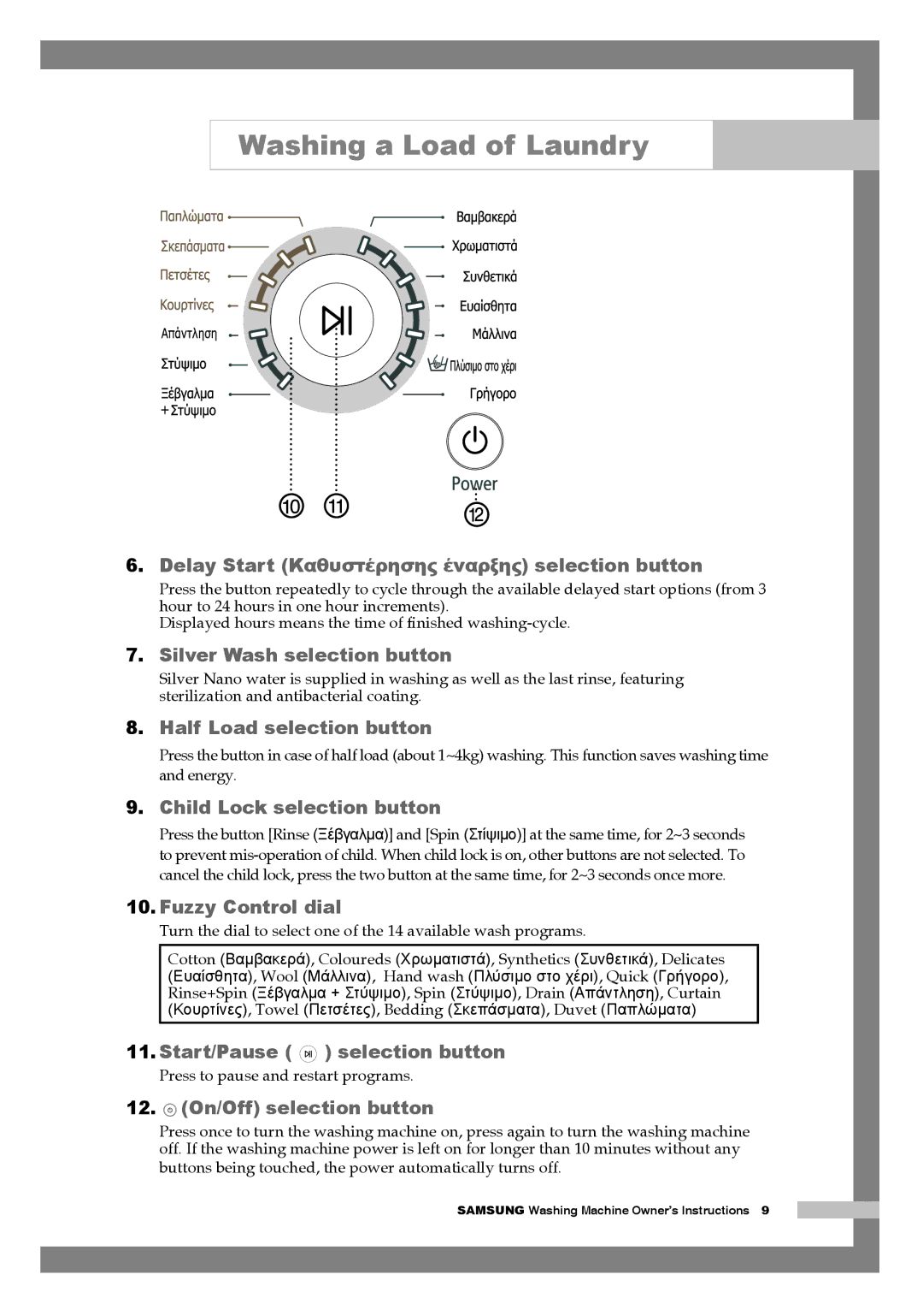 Samsung Q1244AVGW/YLV, Q1244AVGW/YLE, Q1044AVGW1/YLV manual Start/Pause selection button 