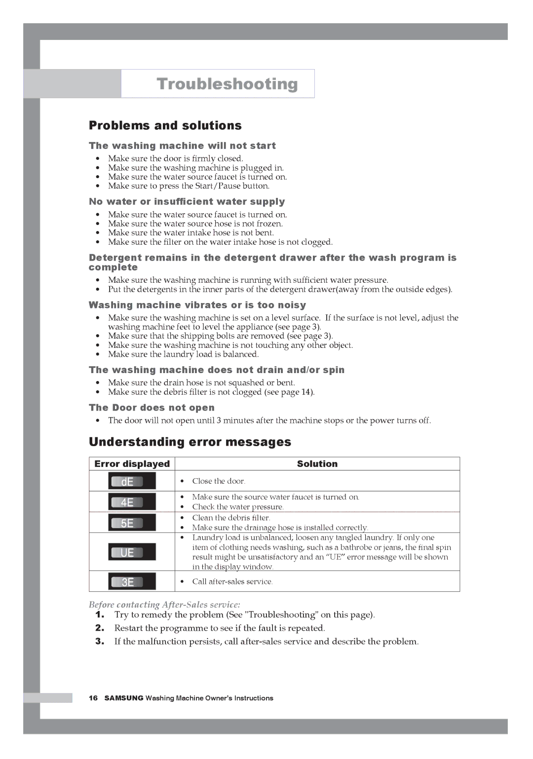 Samsung Q1244AVGW/YLE, Q1044AVGW1/YLV, Q1244AVGW/YLV Troubleshooting, Problems and solutions, Understanding error messages 