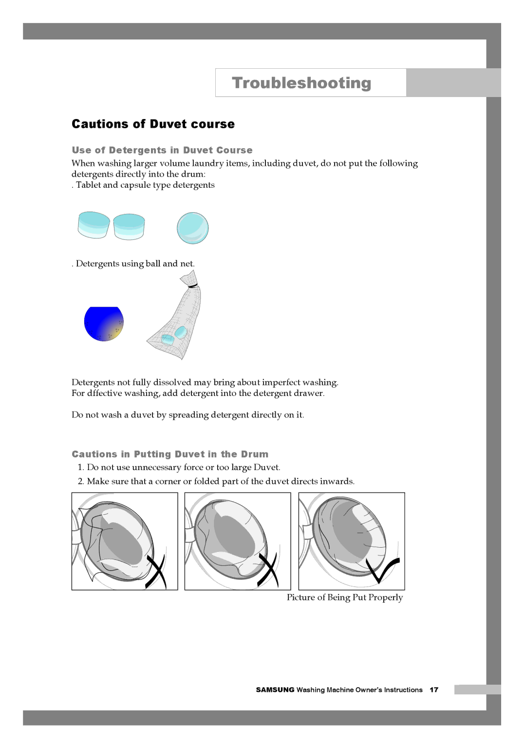 Samsung Q1044AVGW1/YLV, Q1244AVGW/YLE, Q1244AVGW/YLV manual Use of Detergents in Duvet Course 