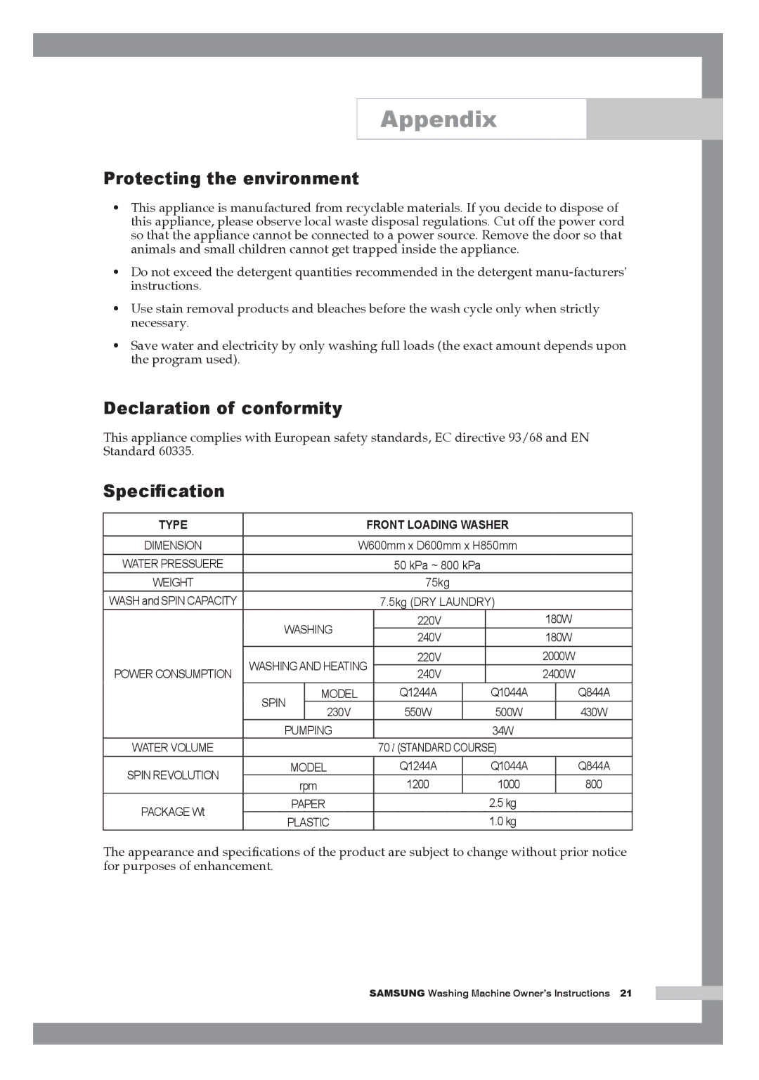 Samsung Q1244AVGW/YLV, Q1244AVGW/YLE, Q1044AVGW1/YLV Protecting the environment, Declaration of conformity, Speciﬁcation 