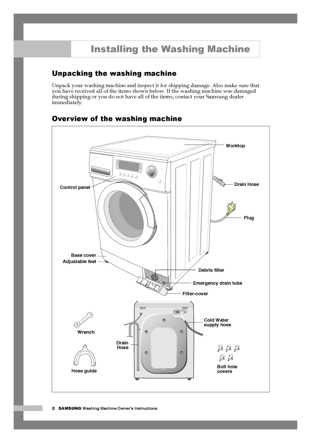 Samsung Q1044AVGW1/YLV Installing the Washing Machine, Unpacking the washing machine, Overview of the washing machine 