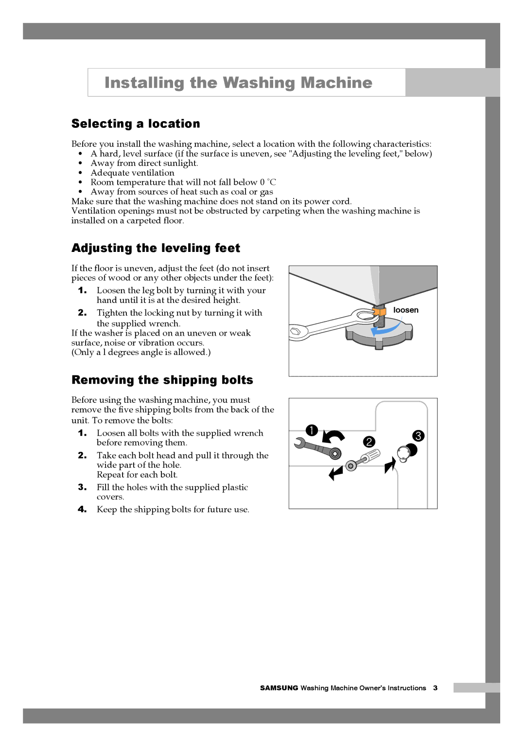 Samsung Q1244AVGW/YLV, Q1244AVGW/YLE manual Selecting a location, Adjusting the leveling feet, Removing the shipping bolts 