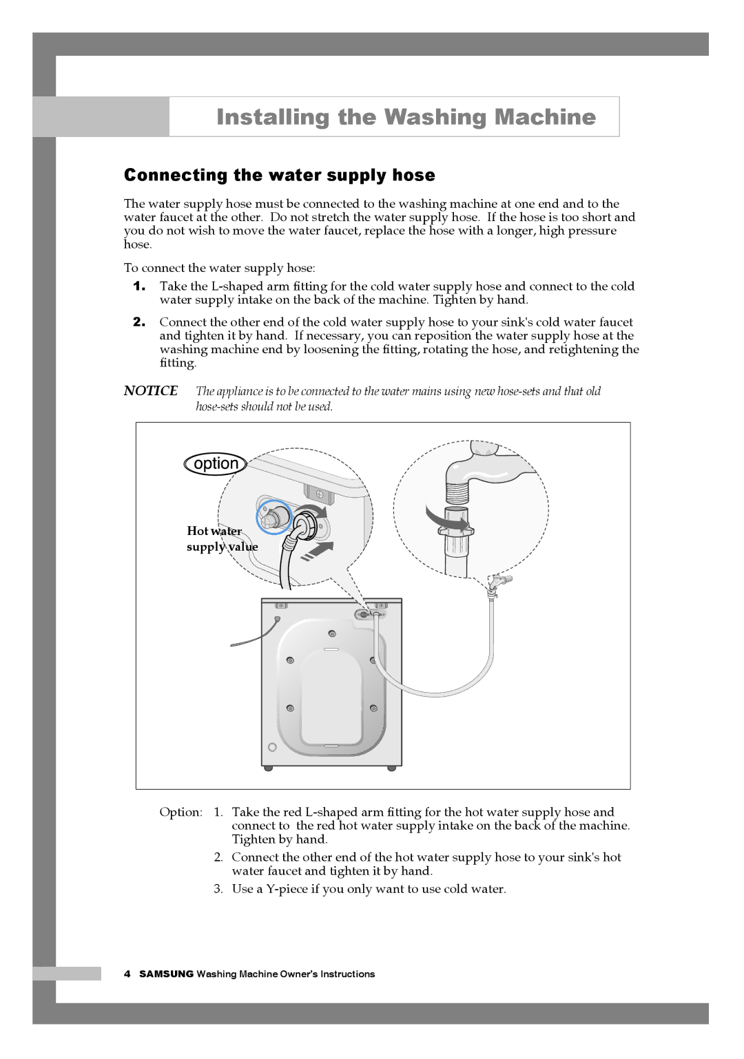 Samsung Q1244AVGW/YLE, Q1044AVGW1/YLV, Q1244AVGW/YLV manual Connecting the water supply hose, Hot water 