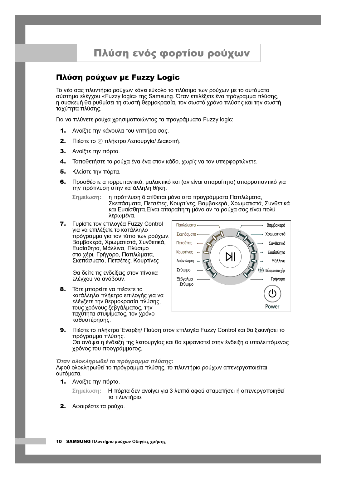 Samsung Q1244AVGW/YLE, Q1044AVGW1/YLV, Q1244AVGW/YLV manual Πλύση ρούχων με Fuzzy Logic, Όταν ολοκληρωθεί το πρόγραμμα πλύσης 