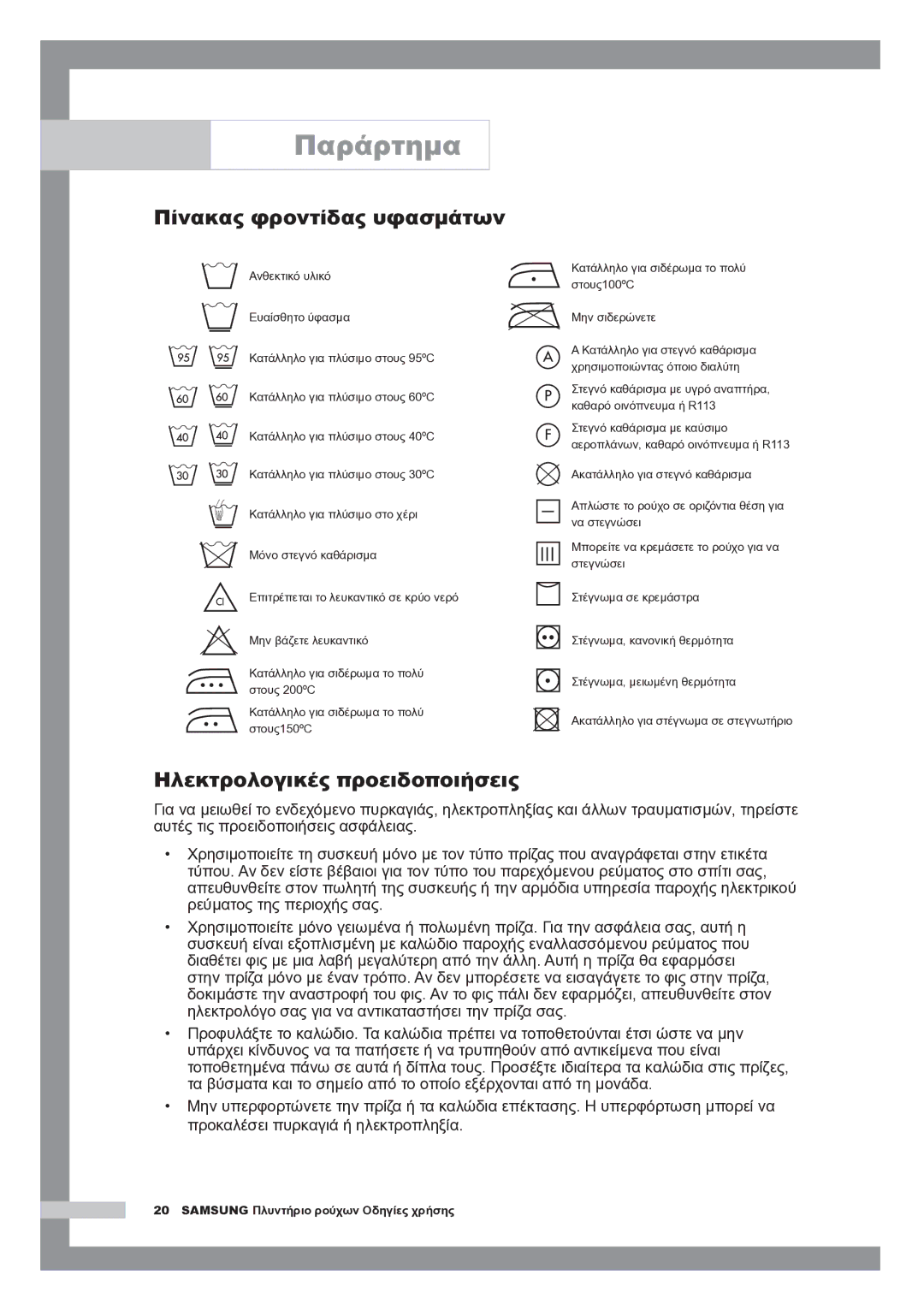 Samsung Q1044AVGW1/YLV, Q1244AVGW/YLE, Q1244AVGW/YLV Παράρτημα, Πίνακας φροντίδας υφασμάτων, Ηλεκτρολογικές προειδοποιήσεις 