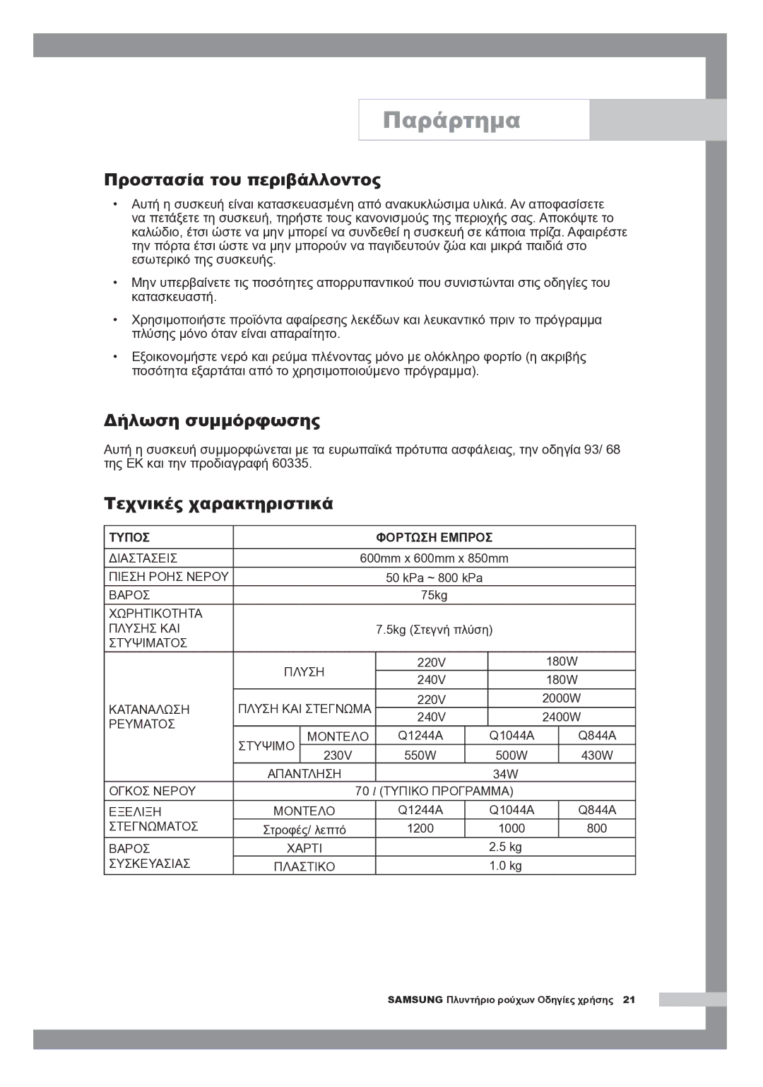 Samsung Q1244AVGW/YLV, Q1244AVGW/YLE manual Προστασία του περιβάλλοντος, Δήλωση συμμόρφωσης, Τεχνικές χαρακτηριστικά 