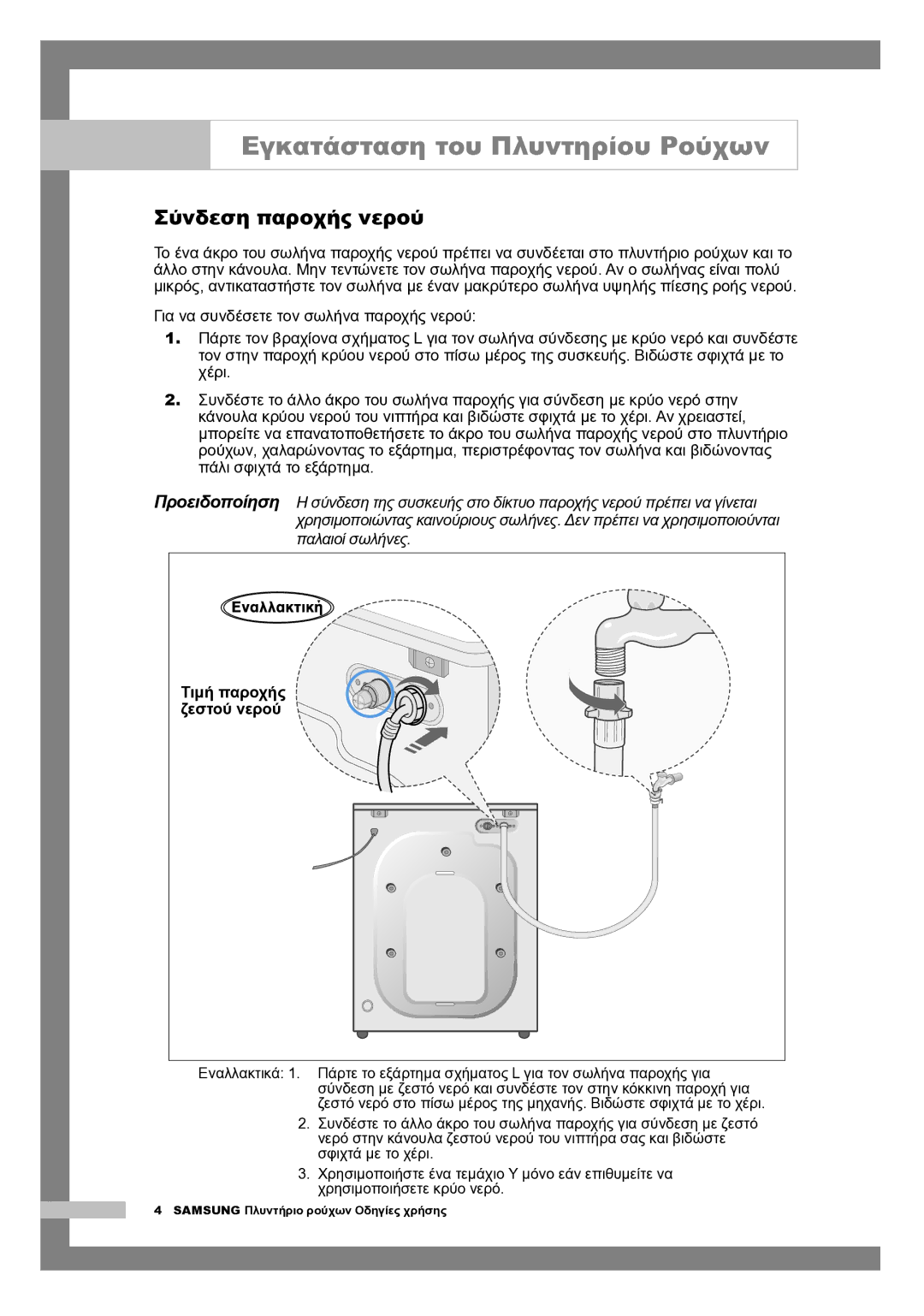 Samsung Q1244AVGW/YLE, Q1044AVGW1/YLV, Q1244AVGW/YLV manual Σύνδεση παροχής νερού, Τιμή παροχής ζεστού νερού 