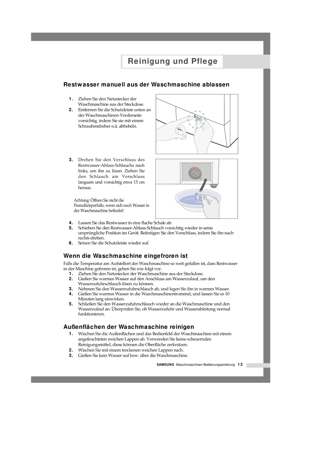 Samsung Q1244GW/XEG manual Reinigung und Pflege, Restwasser manuell aus der Waschmaschine ablassen 