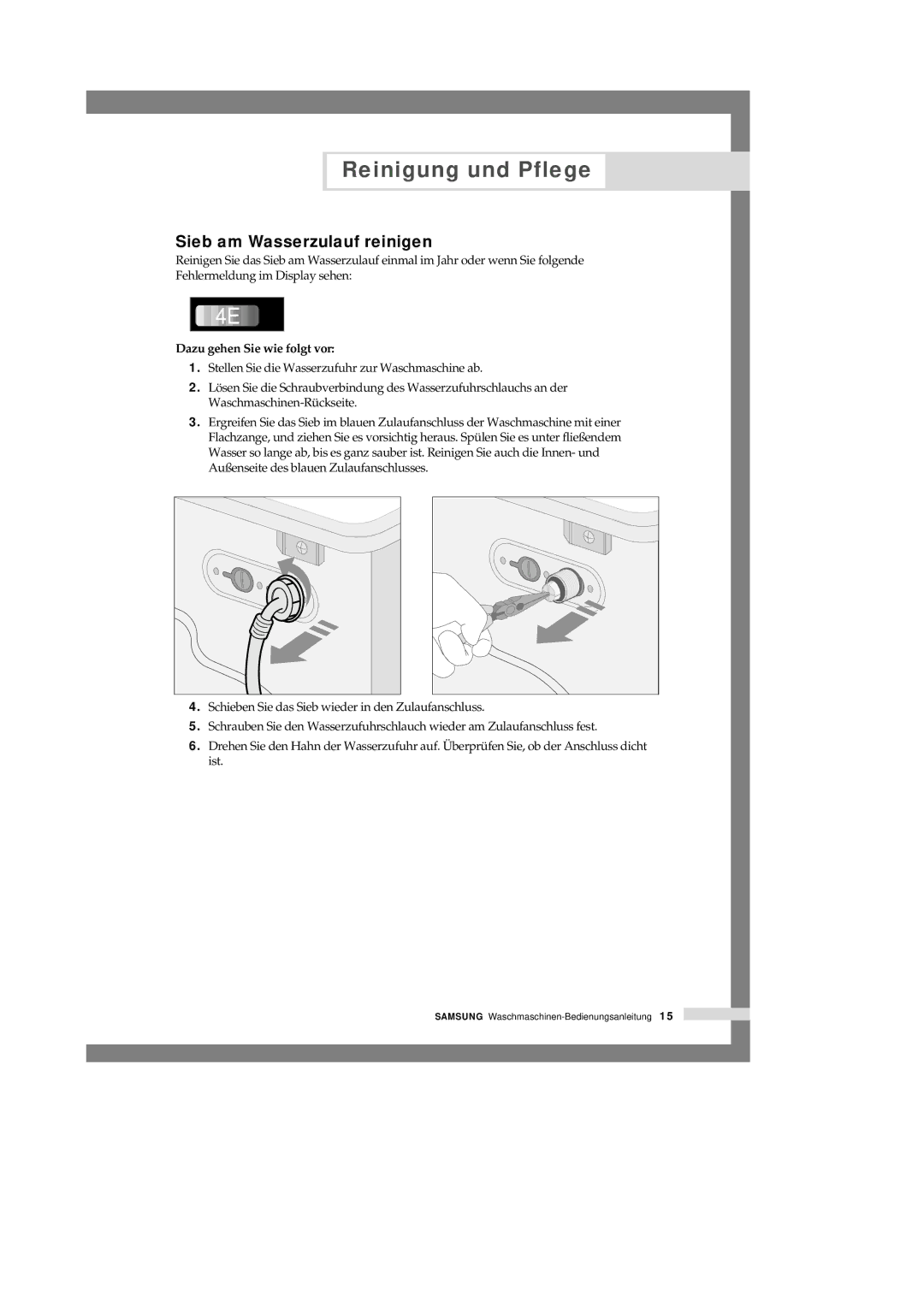 Samsung Q1244GW/XEG manual Sieb am Wasserzulauf reinigen, Dazu gehen Sie wie folgt vor 