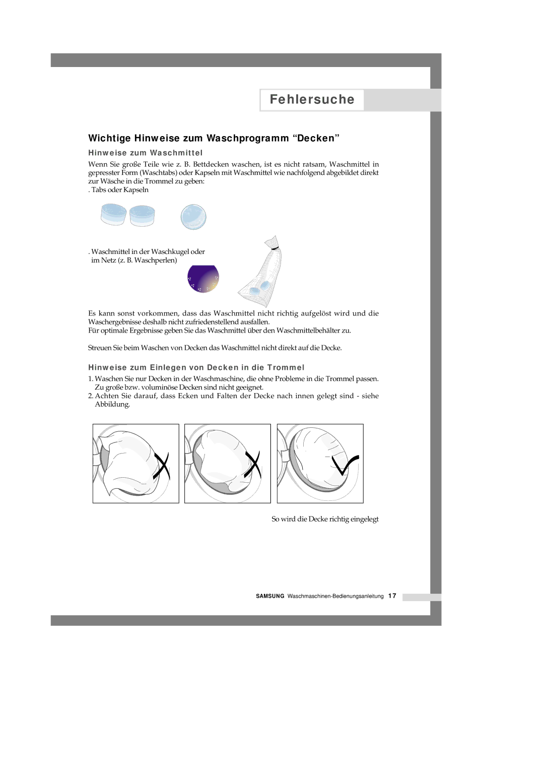 Samsung Q1244GW/XEG manual Wichtige Hinweise zum Waschprogramm Decken, Hinweise zum Waschmittel 