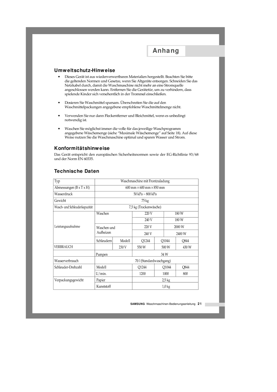 Samsung Q1244GW/XEG manual Umweltschutz-Hinweise, Konformitätshinweise, Technische Daten 