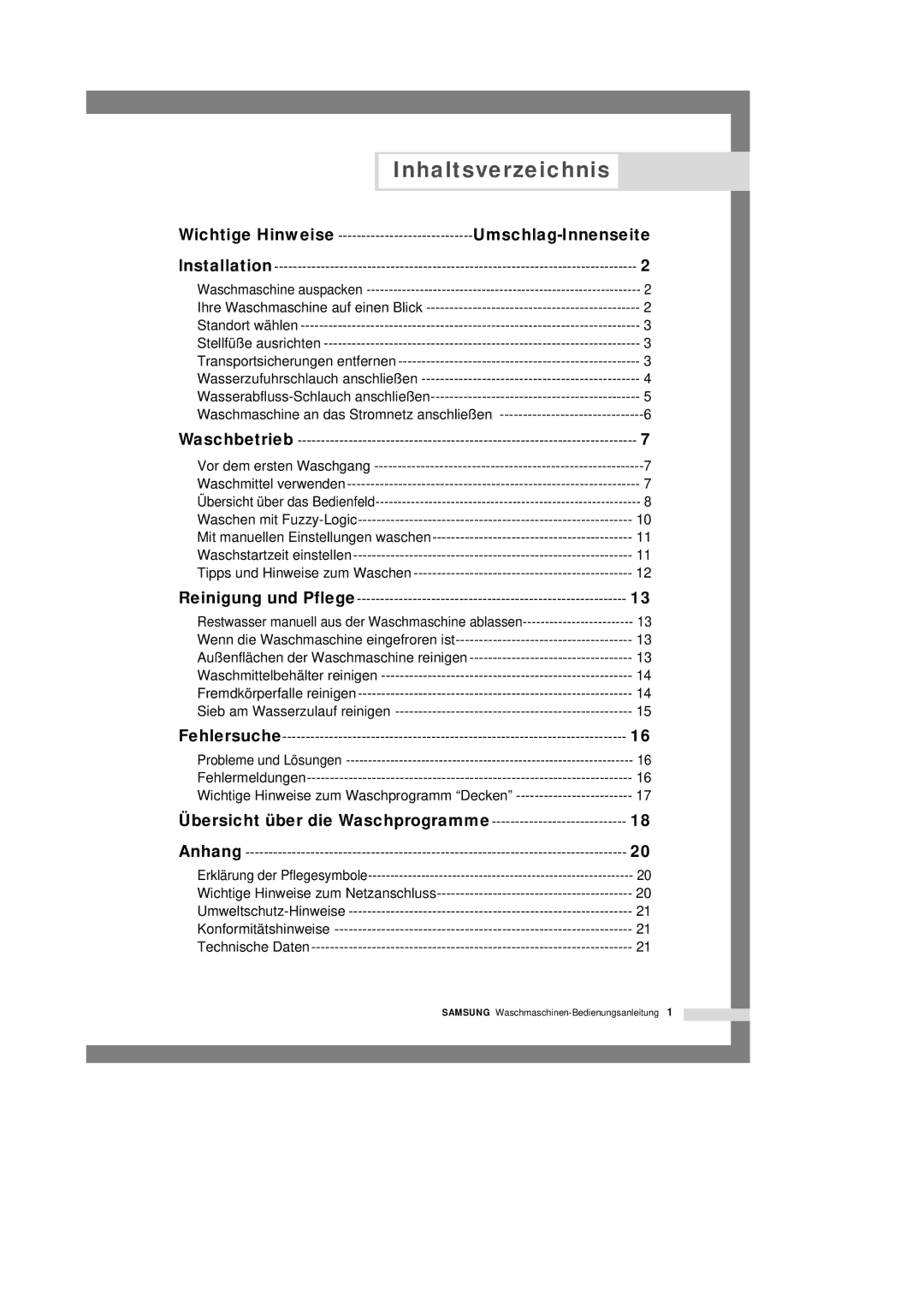 Samsung Q1244GW/XEG manual Inhaltsverzeichnis, Umschlag-Innenseite, Übersicht über die Waschprogramme 