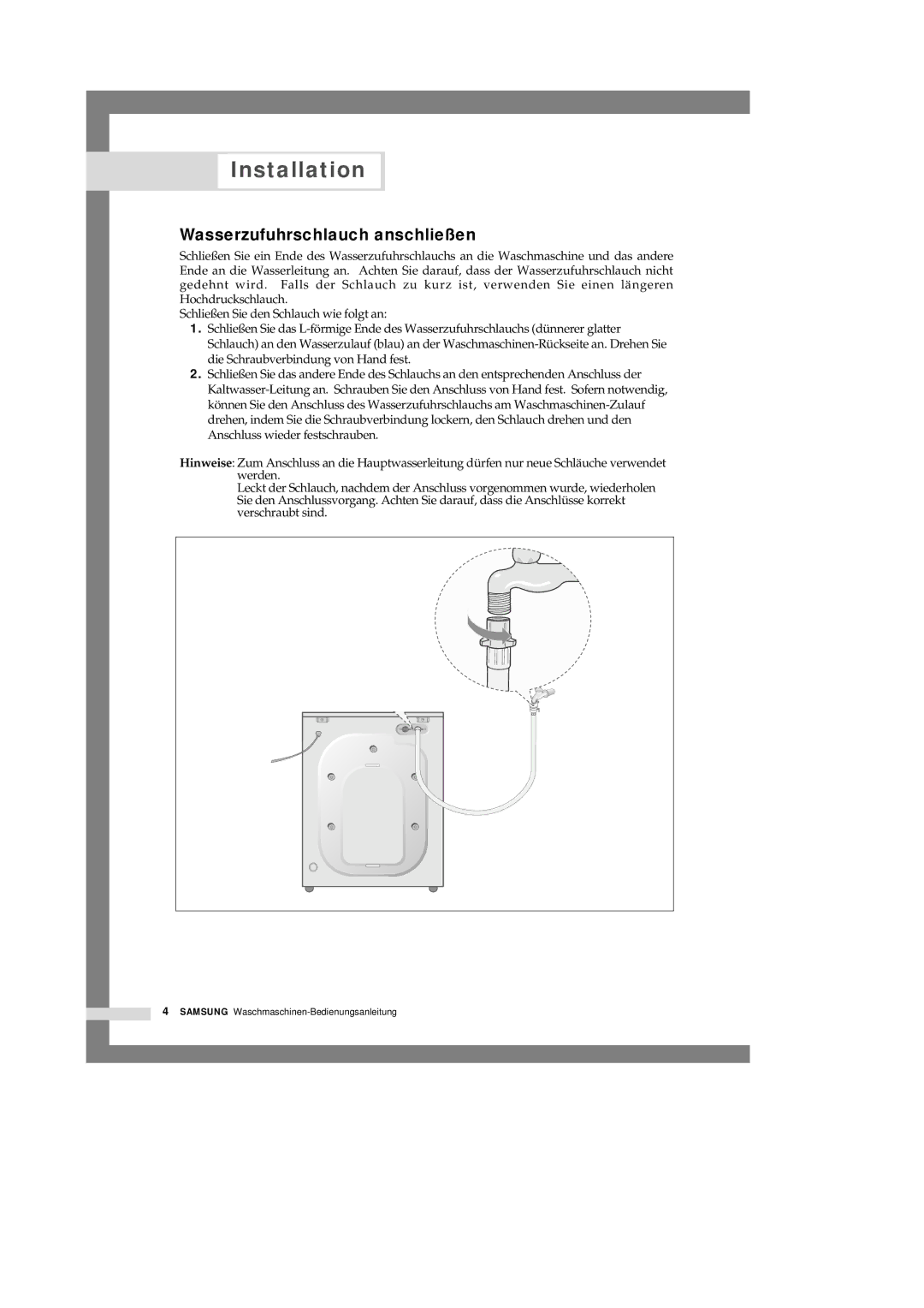 Samsung Q1244GW/XEG manual Wasserzufuhrschlauch anschließen 