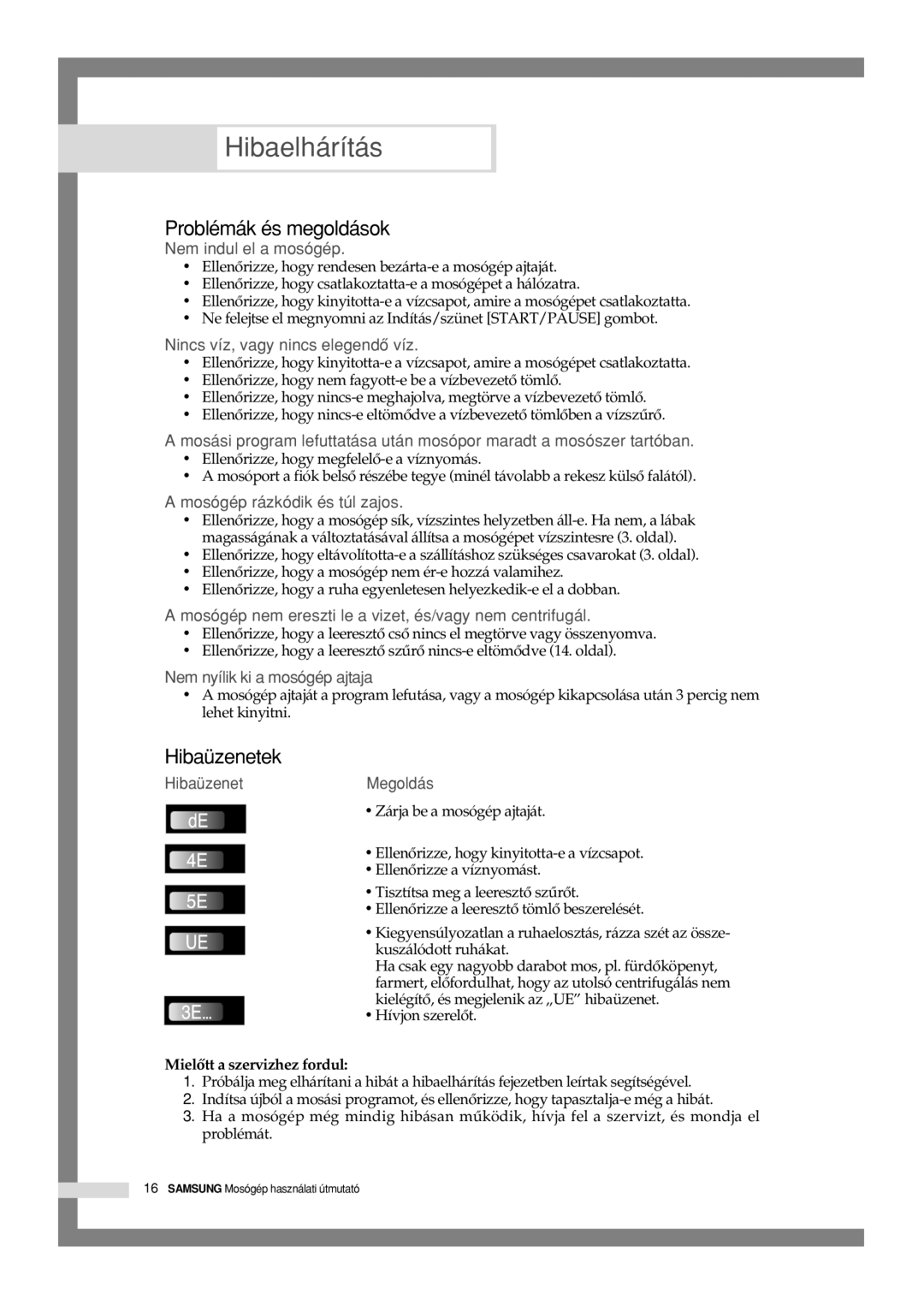 Samsung Q1244GW/XEH manual Hibaelhárítás, Problémák és megoldások, Hibaüzenetek, Mielôtt a szervizhez fordul 