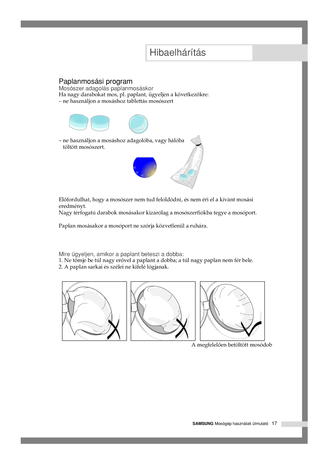 Samsung Q1244GW/XEH manual Paplanmosási program, Mosószer adagolás paplanmosáskor 