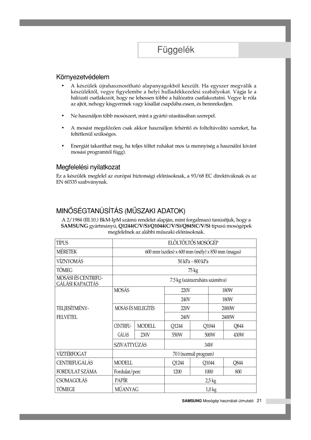 Samsung Q1244GW/XEH manual Környezetvédelem, Megfelelési nyilatkozat 