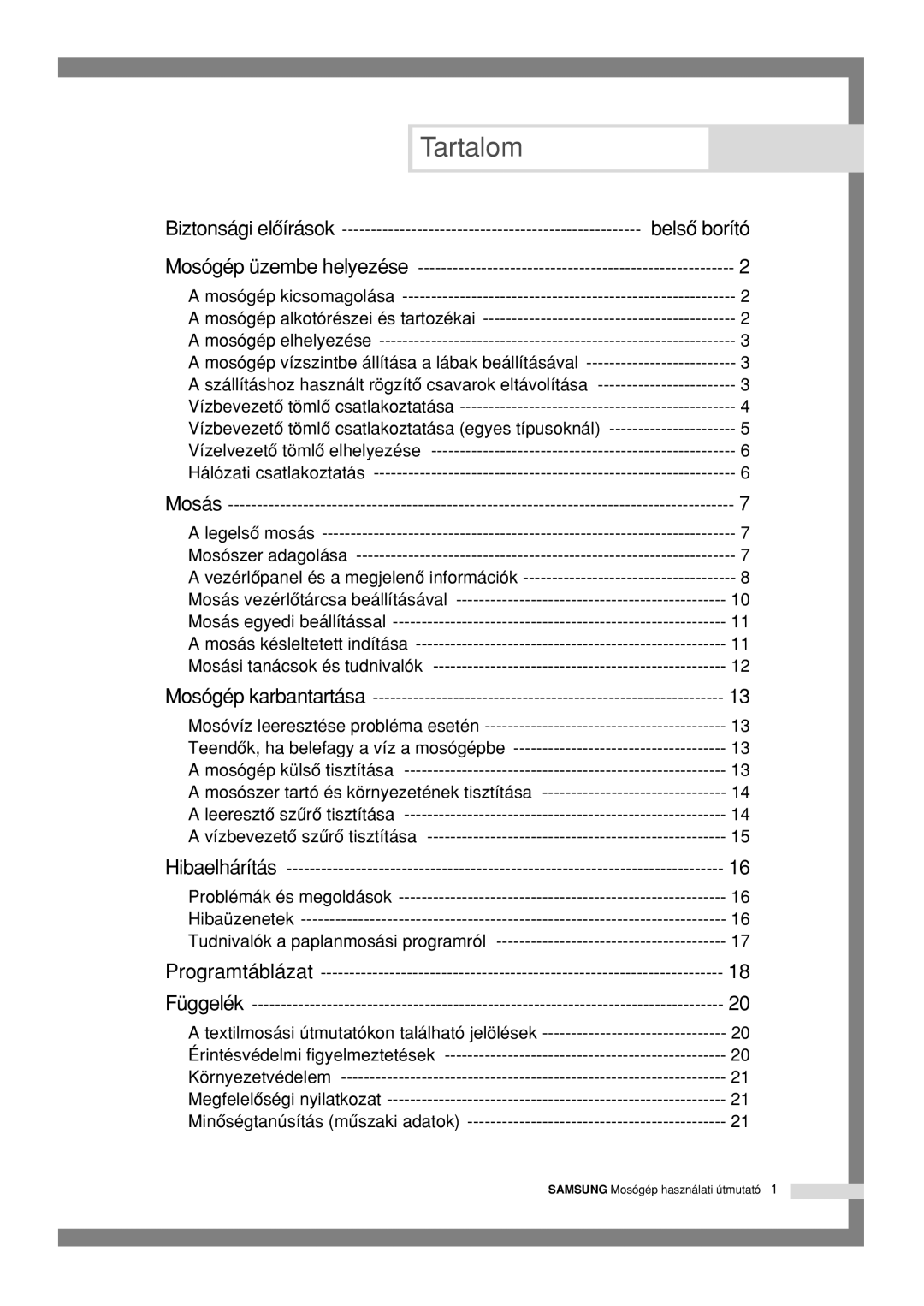 Samsung Q1244GW/XEH manual Tartalom, Belsô borító 