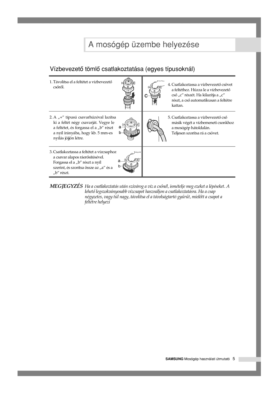 Samsung Q1244GW/XEH manual Vízbevezetô tömlô csatlakoztatása egyes típusoknál 