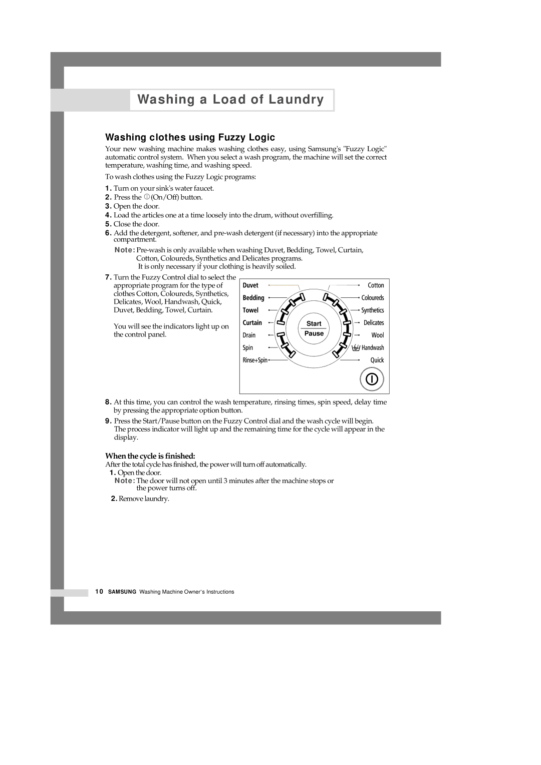 Samsung Q1244VGW-XEC, Q1044VGW1/YKJ, Q1044VGW/YKJ manual Washing clothes using Fuzzy Logic, When the cycle is finished 