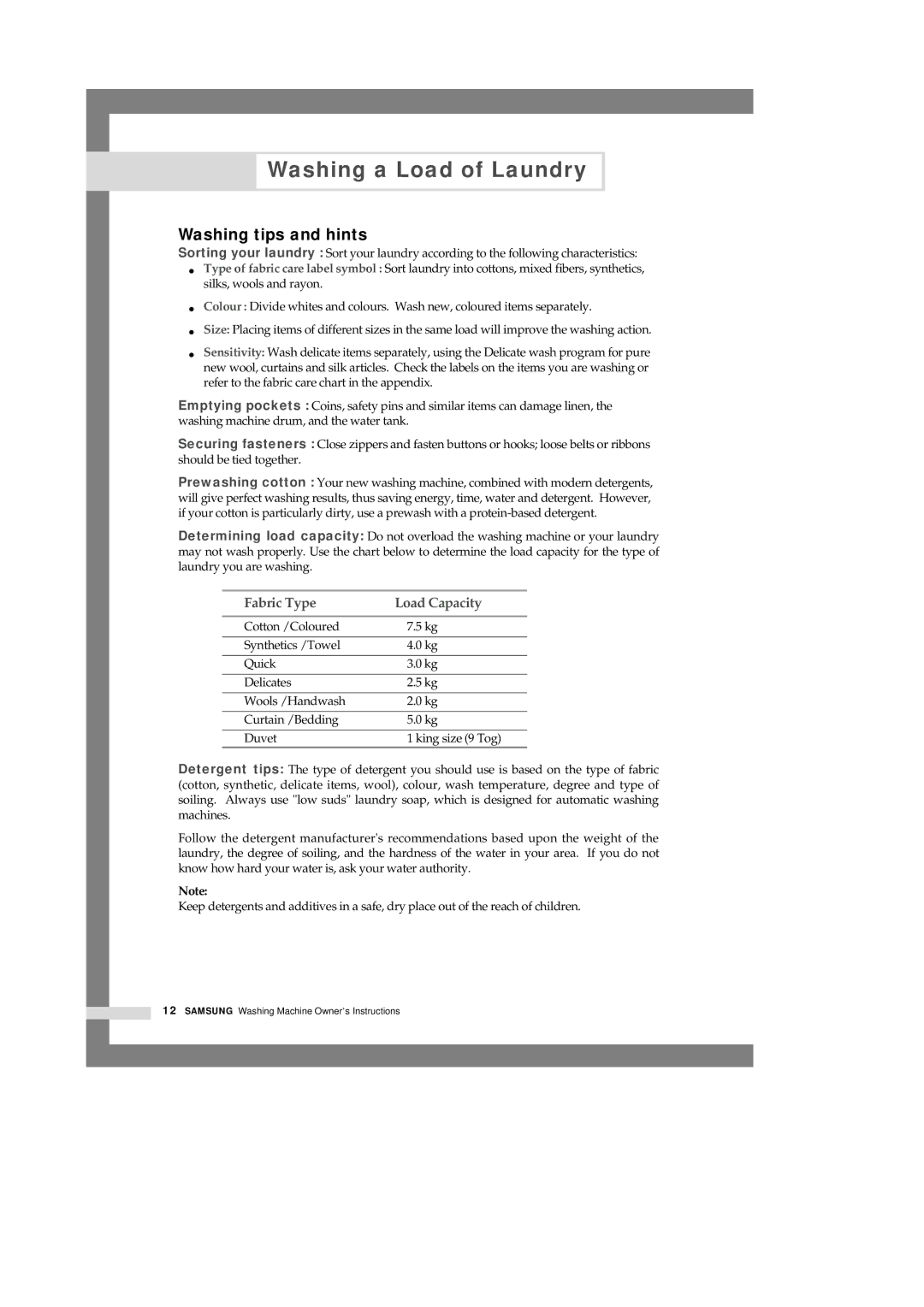 Samsung Q1044VGW/YKJ, Q1244VGW-XEC, Q1044VGW1/YKJ, Q1244VGW/YKJ manual Washing tips and hints, Fabric Type Load Capacity 