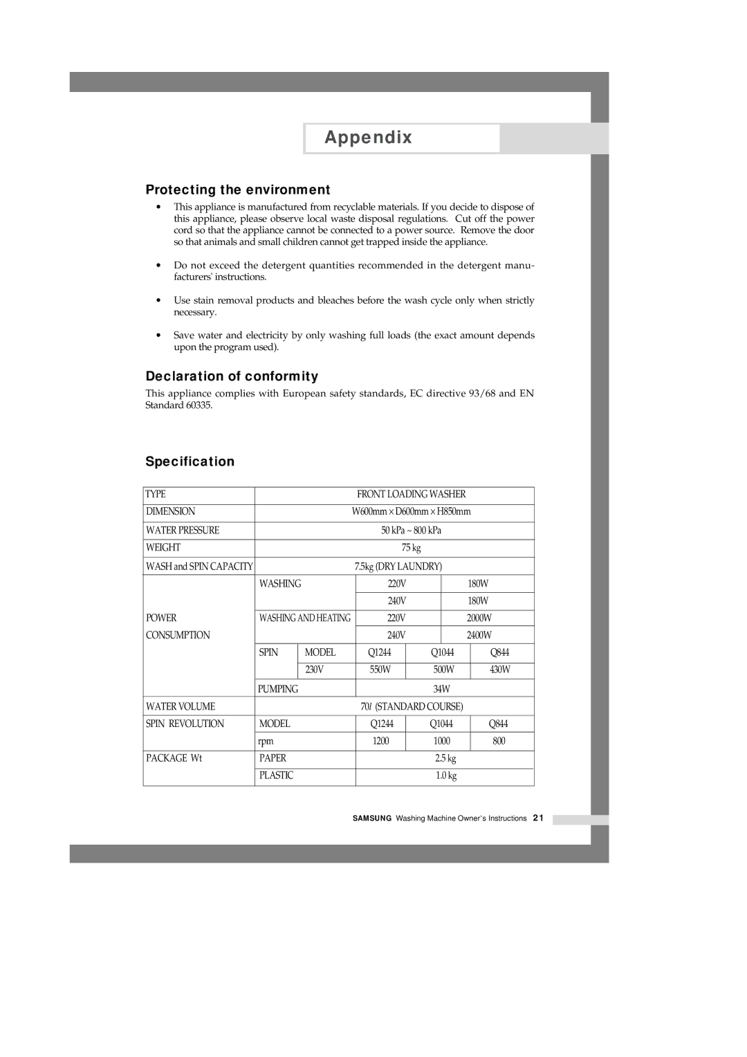 Samsung Q1244VGW/YKJ, Q1244VGW-XEC, Q1044VGW1/YKJ manual Protecting the environment, Declaration of conformity, Specification 