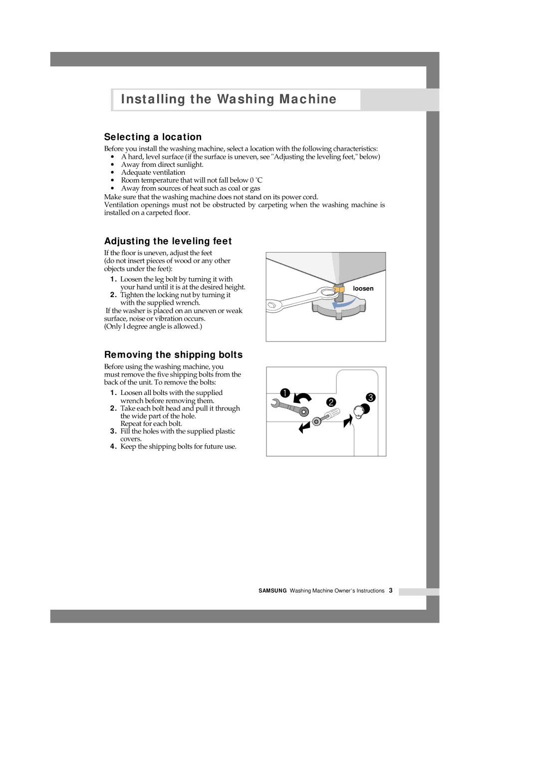 Samsung Q1044VGW1/YKJ, Q1244VGW-XEC manual Selecting a location, Adjusting the leveling feet, Removing the shipping bolts 