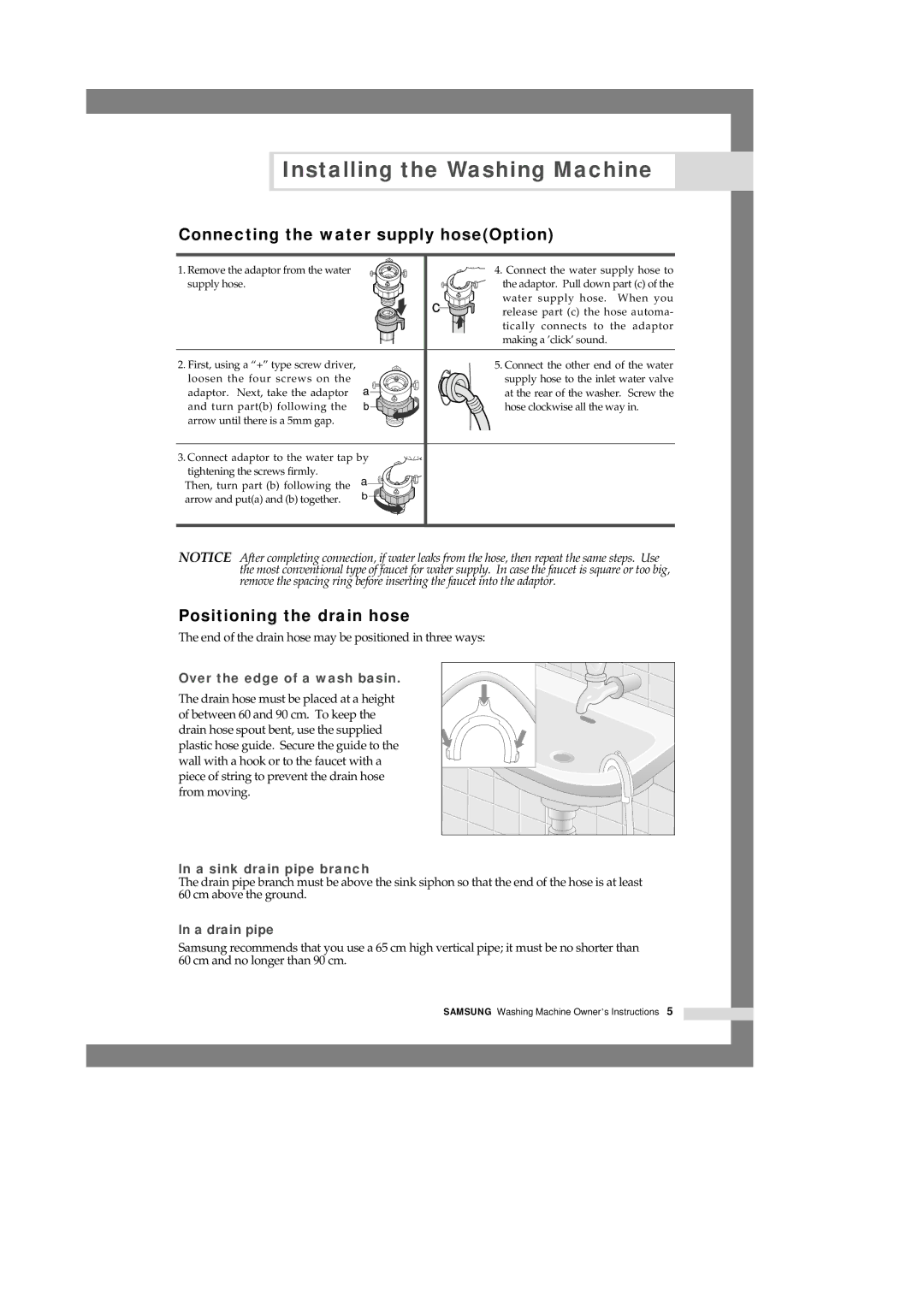 Samsung Q1244VGW/YKJ, Q1244VGW-XEC, Q1044VGW1/YKJ manual Connecting the water supply hoseOption, Positioning the drain hose 