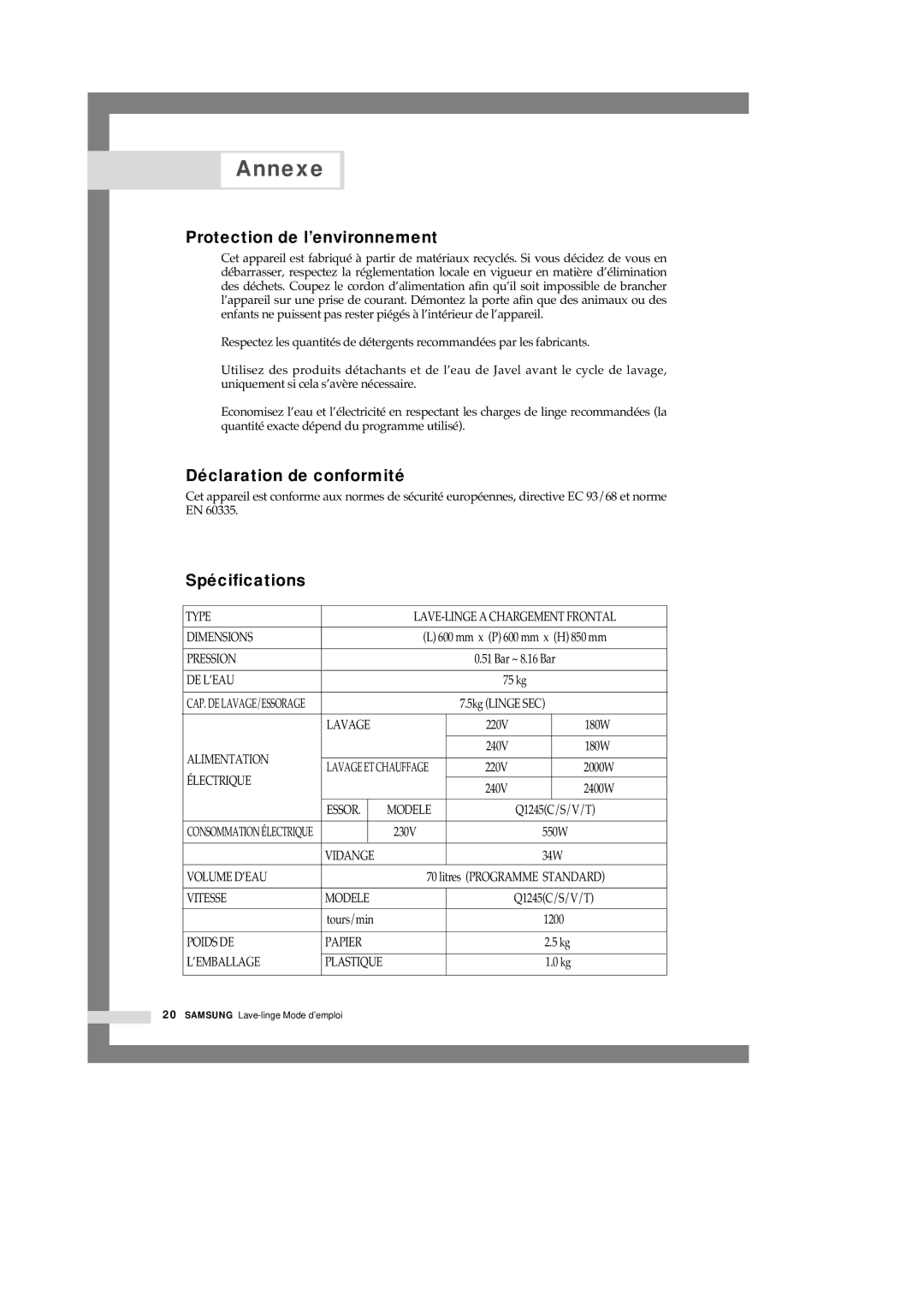 Samsung Q1245VGW/XEF manual Protection de l’environnement, Déclaration de conformité, Spécifications 