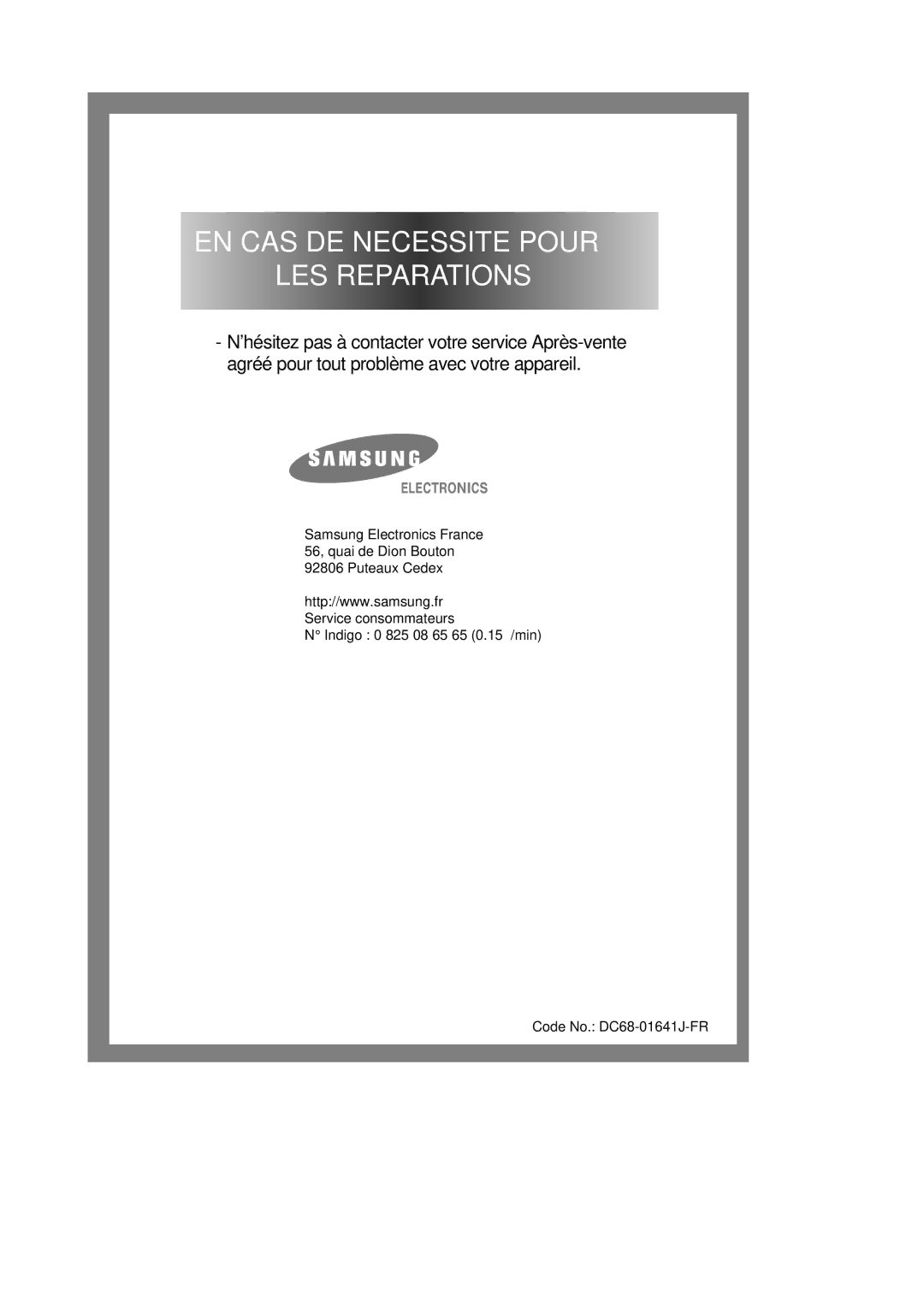 Samsung Q1245VGW/XEF manual EN CAS DE Necessite Pour LES Reparations 