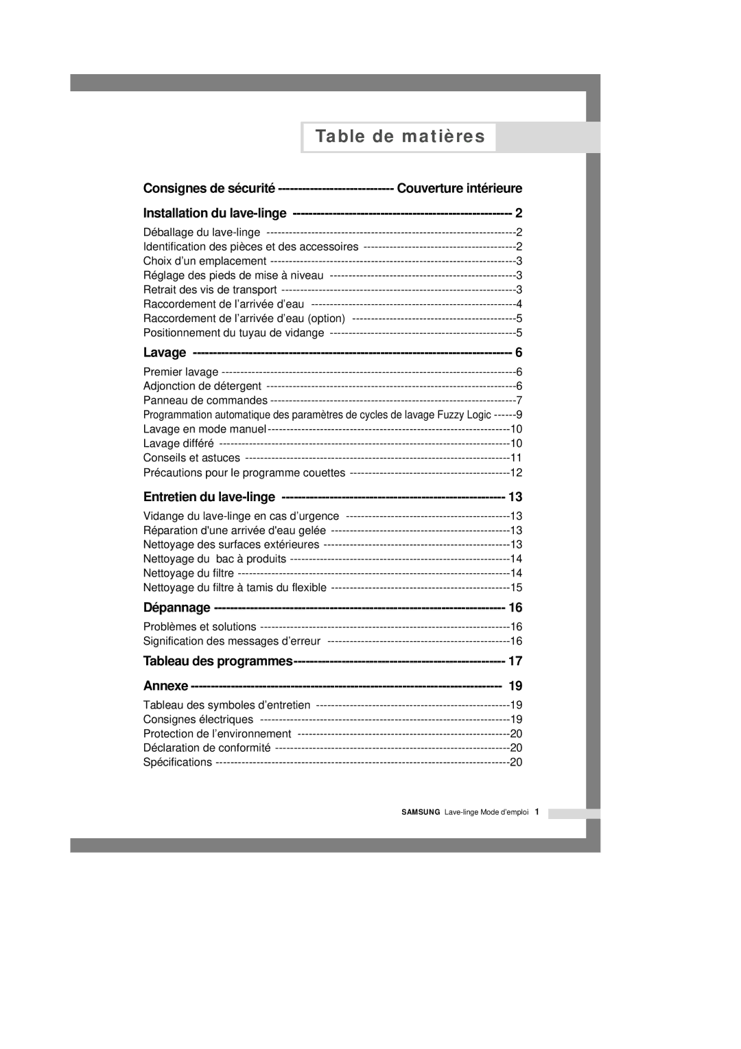 Samsung Q1245VGW/XEF manual Table de matières, Consignes de sécurité Couverture intérieure 