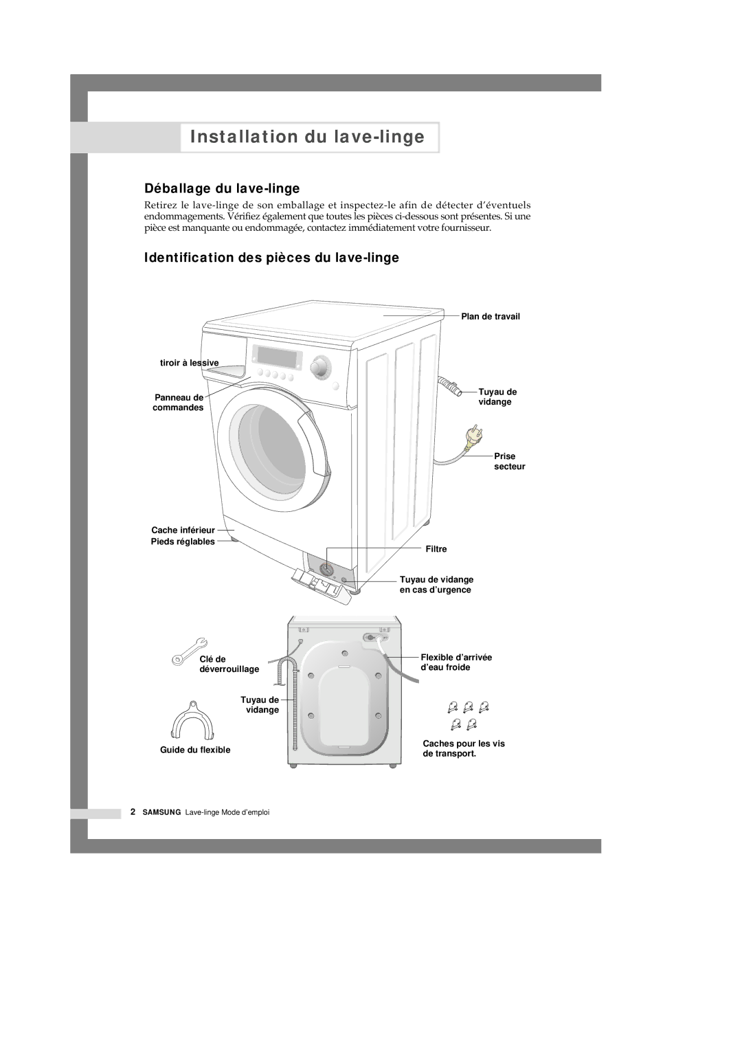 Samsung Q1245VGW/XEF manual Installation du lave-linge, Déballage du lave-linge, Identification des pièces du lave-linge 