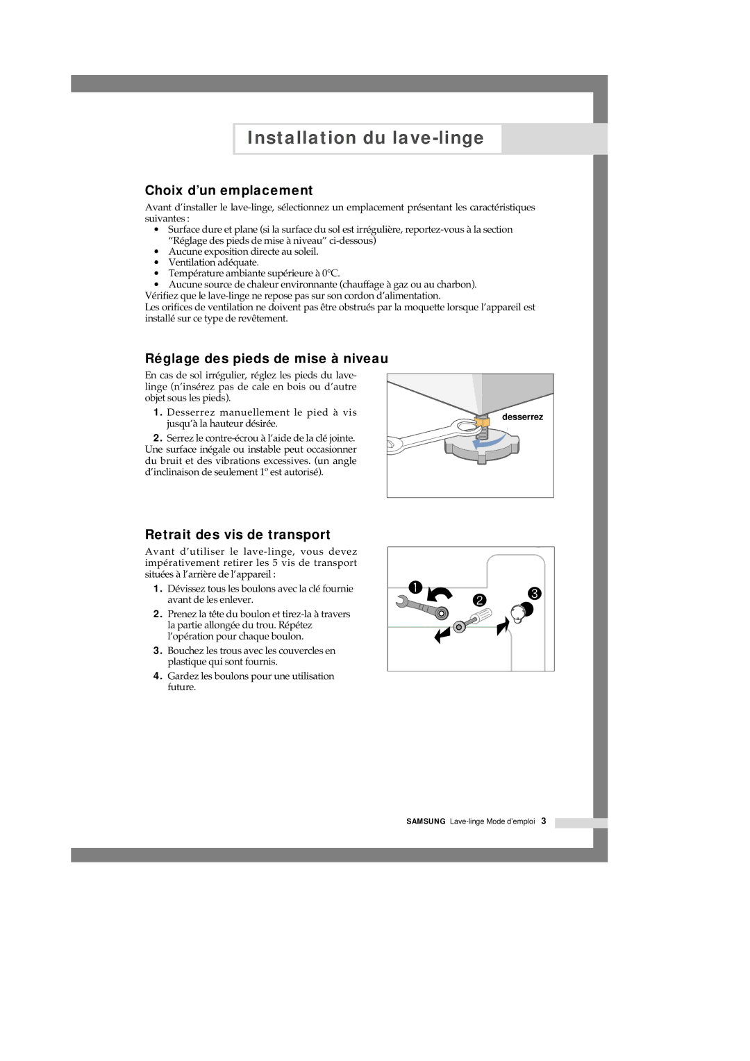 Samsung Q1245VGW/XEF manual Choix d’un emplacement, Réglage des pieds de mise à niveau, Retrait des vis de transport 