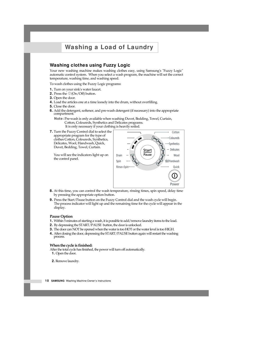 Samsung Q1433, Q1633, Q1233 manual Washing clothes using Fuzzy Logic, Pause Option 