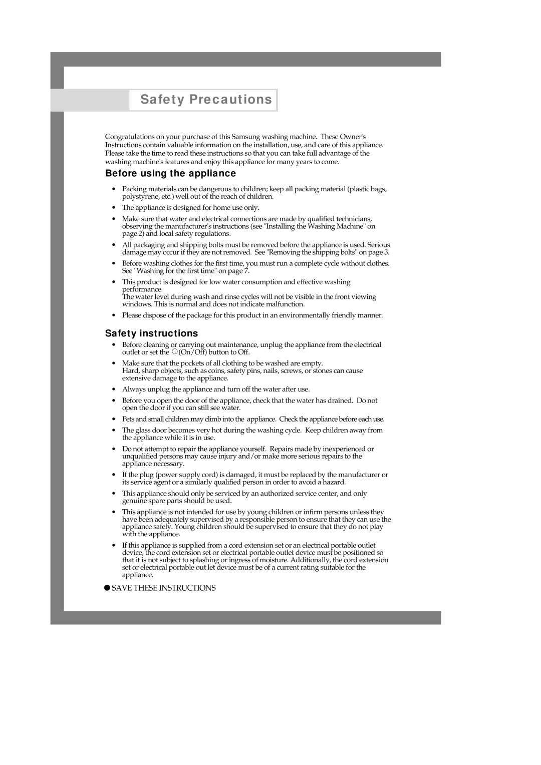 Samsung Q1233, Q1433, Q1633 manual Before using the appliance, Safety instructions 