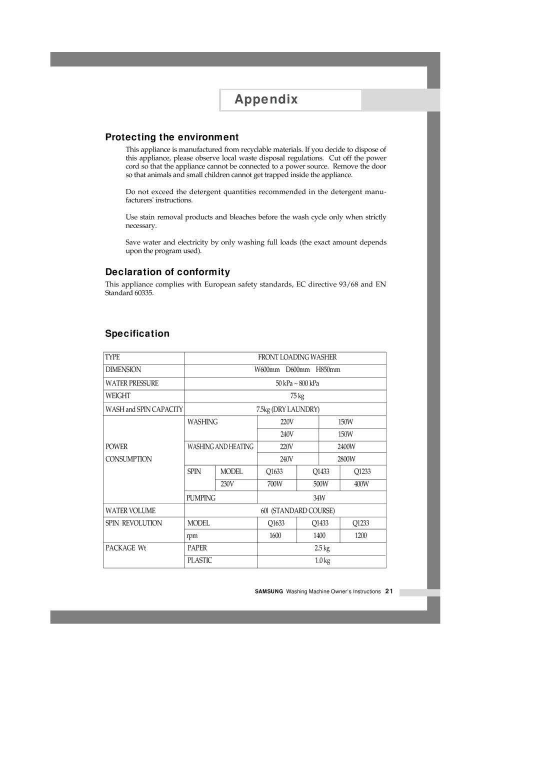 Samsung Q1233, Q1433, Q1633 manual Protecting the environment, Declaration of conformity, Specification 