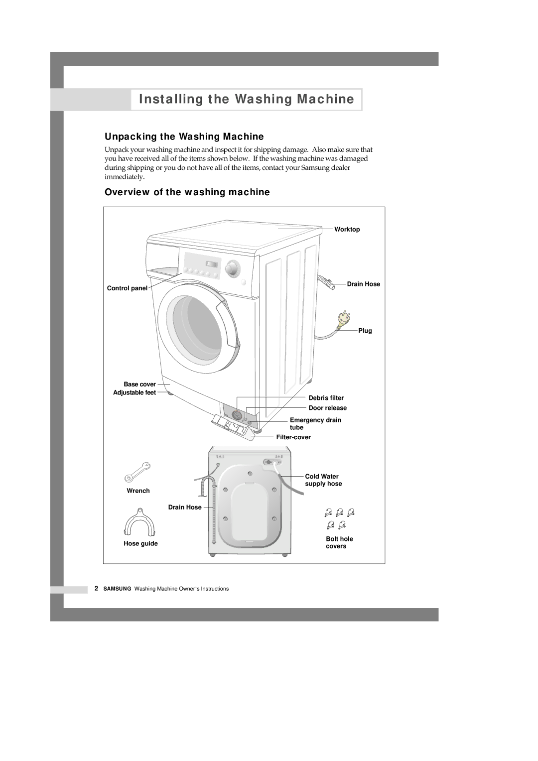 Samsung Q1633, Q1433, Q1233 Installing the Washing Machine, Unpacking the Washing Machine, Overview of the washing machine 