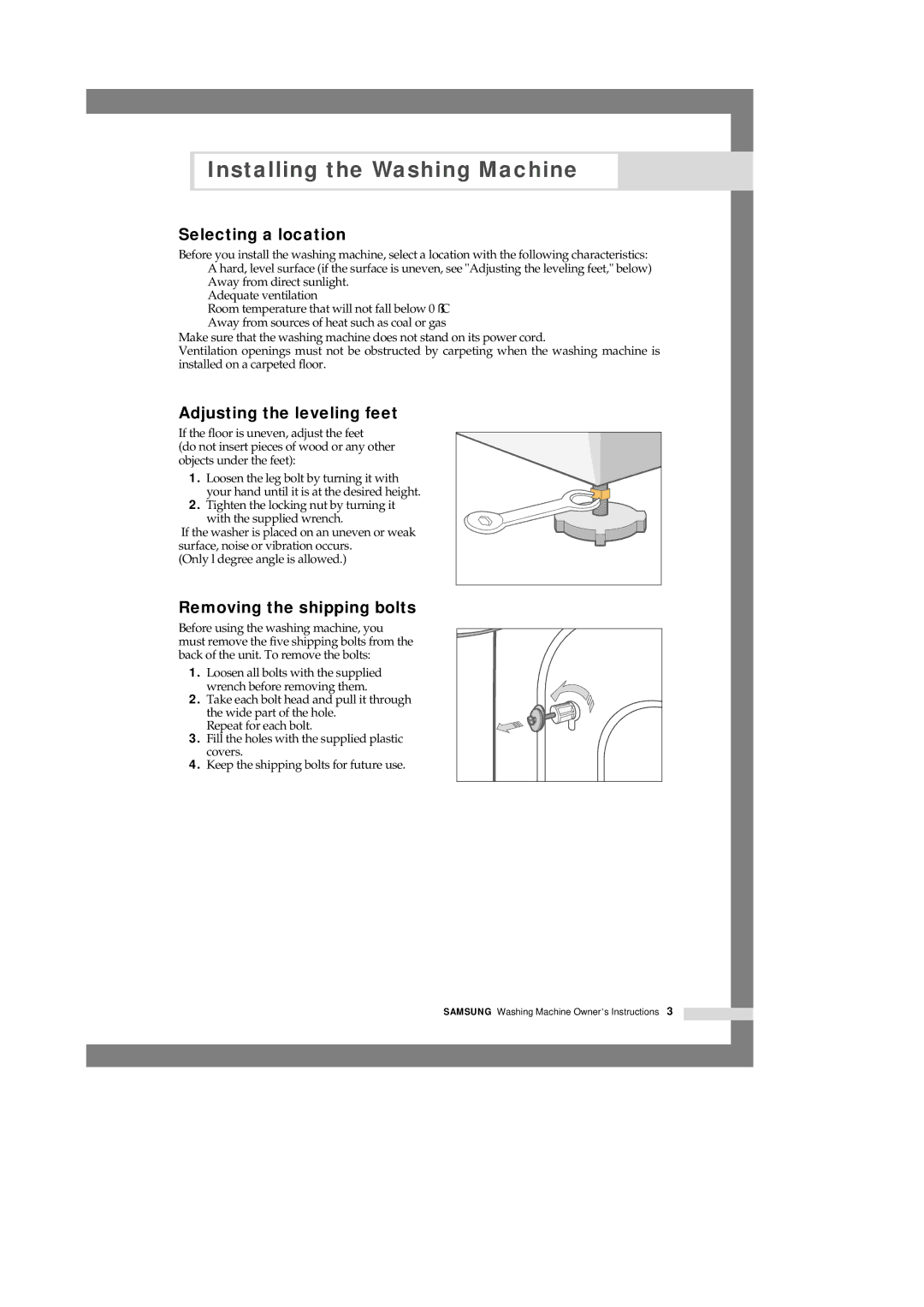 Samsung Q1233, Q1433, Q1633 manual Selecting a location, Adjusting the leveling feet, Removing the shipping bolts 