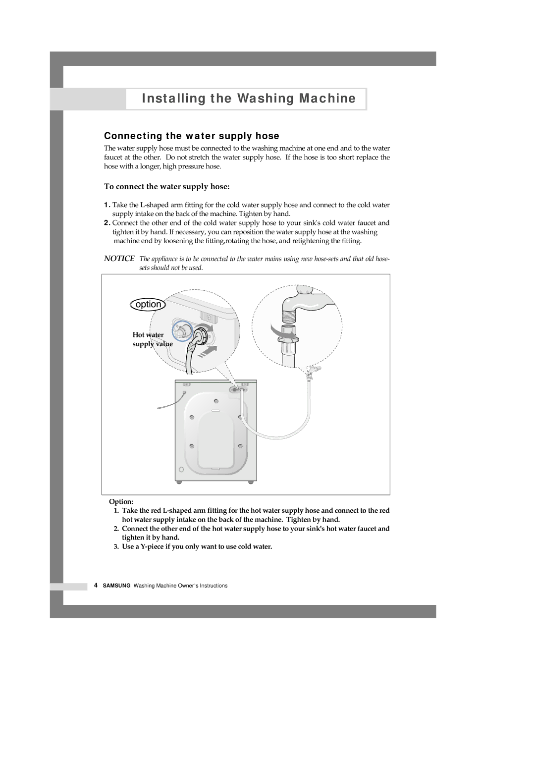 Samsung Q1433, Q1633, Q1233 manual Connecting the water supply hose, Hot water supply value Option 