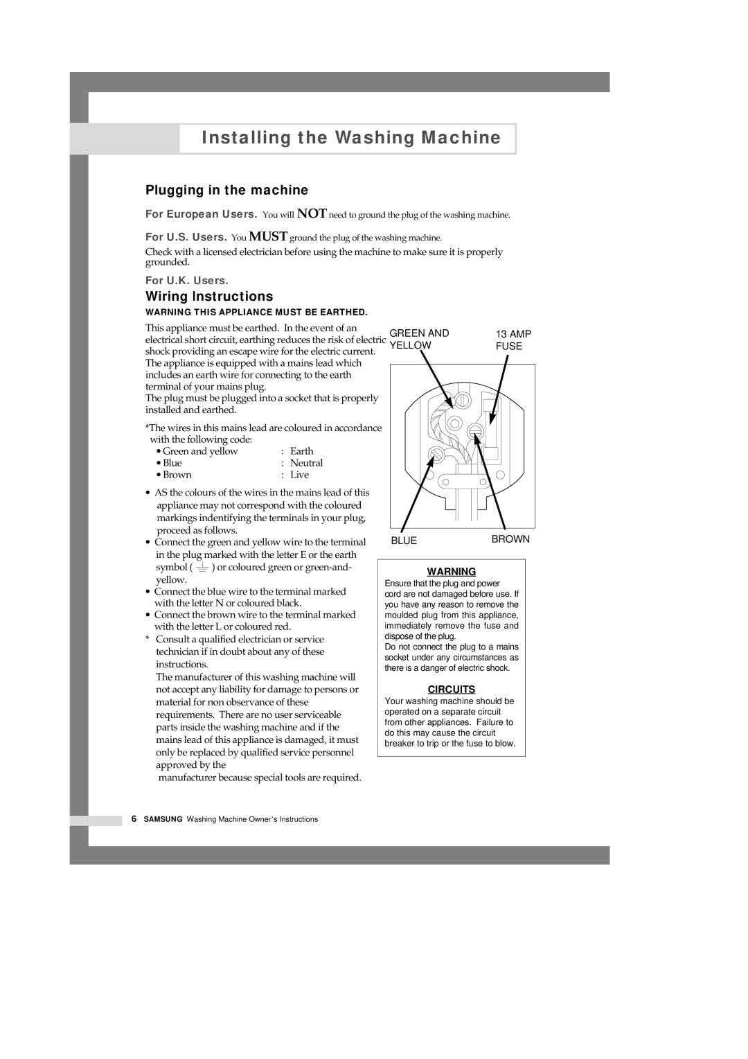 Samsung Q1233, Q1433, Q1633 manual Plugging in the machine, Wiring lnstructions 