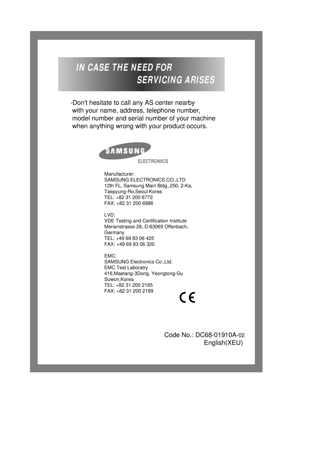 Samsung Q1433, Q1633, Q1233 manual In Case The Need For Servicing Arises 
