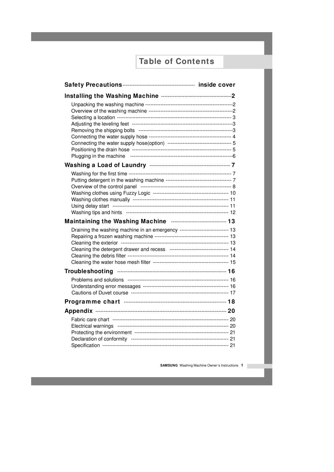 Samsung Q1433, Q1633, Q1233 manual Table of Contents, inside cover 