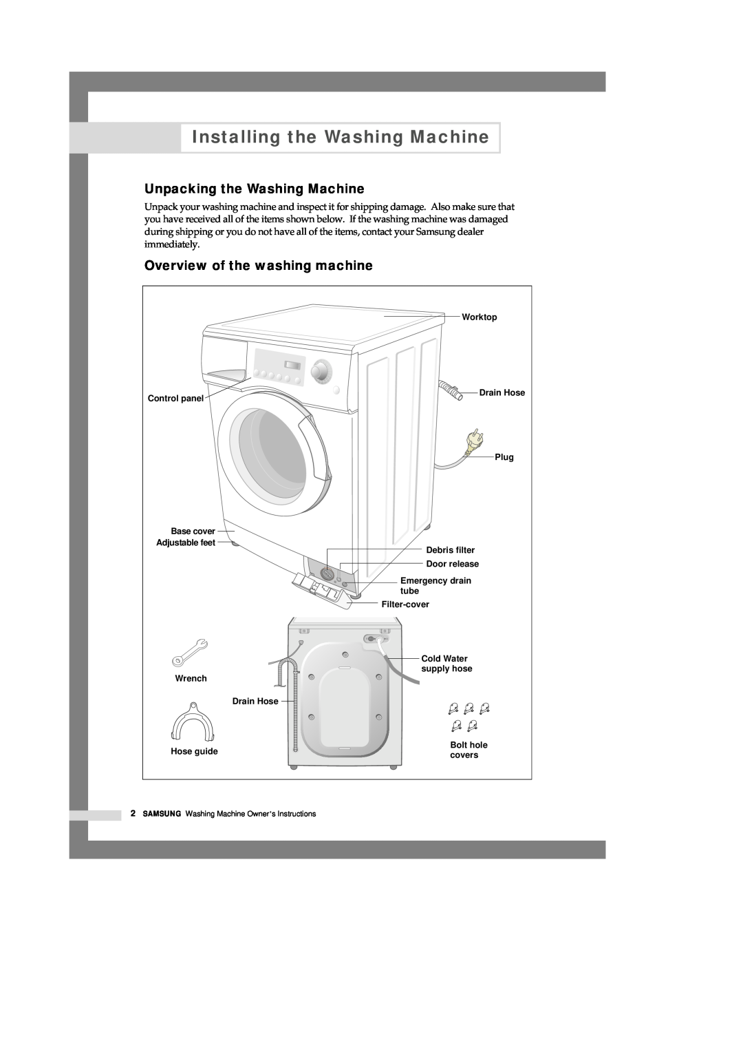 Samsung Q1633, Q1433, Q1233 Installing the Washing Machine, Unpacking the Washing Machine, Overview of the washing machine 