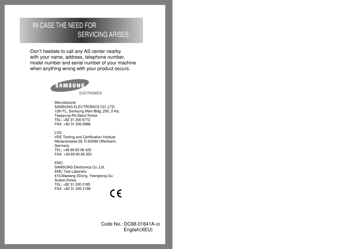 Samsung Q1235(C/S/V), Q1435(C/S/V), Q1436(C/S/V), Q1236(C/S/V), Q1636(C/S/V) manual Case the Need for Servicing Arises 