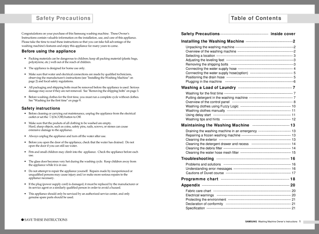 Samsung Q1236(C/S/V), Q1435(C/S/V), Q1436(C/S/V), Q1235(C/S/V), Q1636(C/S/V) manual Safety Precautions, Table of Contents 