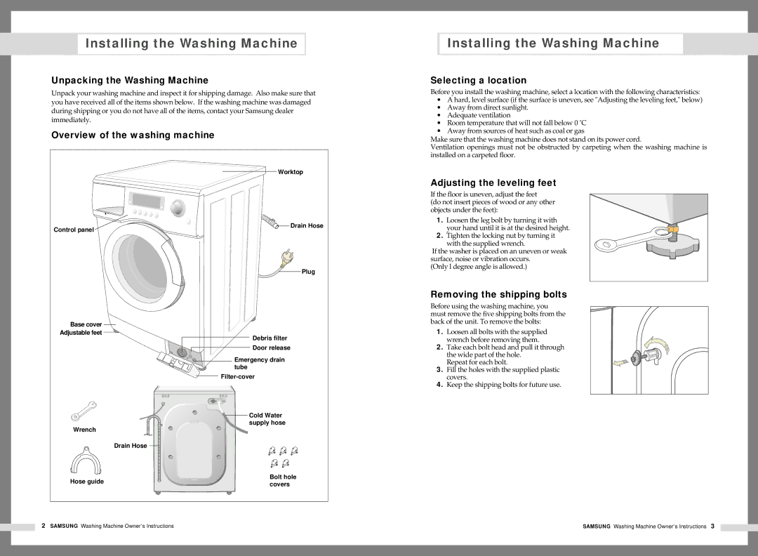 Samsung Q1235(C/S/V), Q1435(C/S/V), Q1436(C/S/V), Q1236(C/S/V), Q1636(C/S/V) manual Installing the Washing Machine 